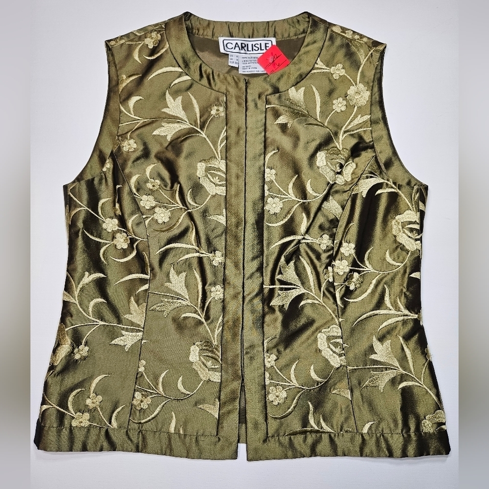Carlisle Womens Green Gold Floral Embroidered Hook Eye 100% Silk Vest Top Size 6